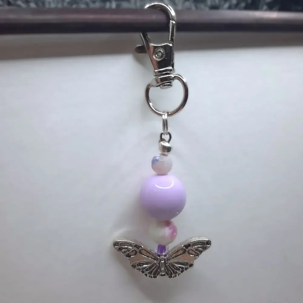 Handmade Beaded Butterfly Bag Charm Tibetan Silver Light Purple Keychain NEW